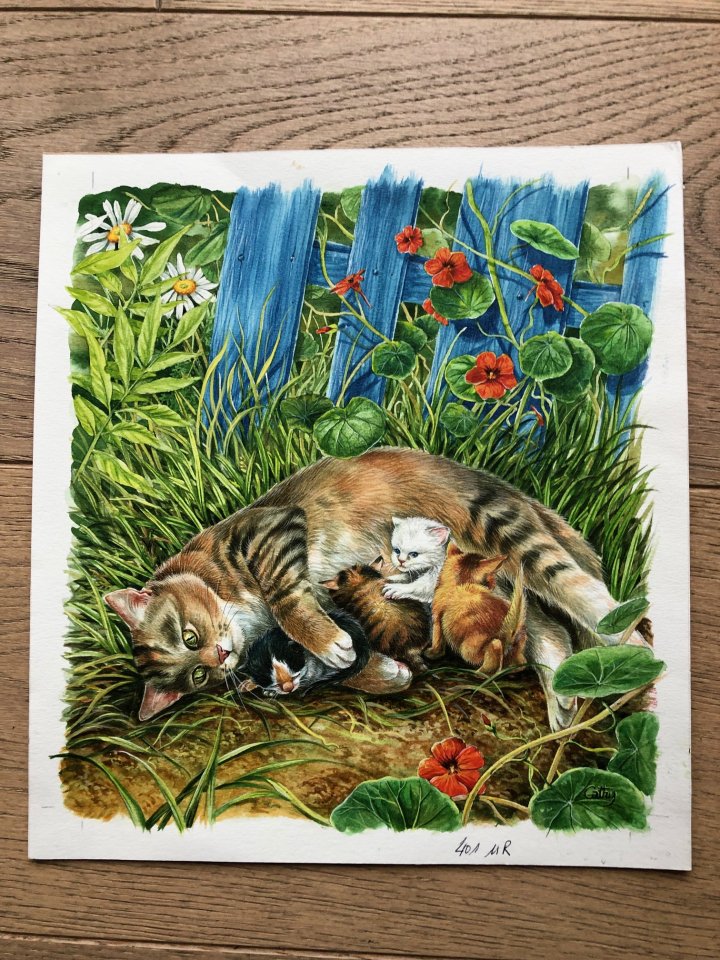 Original Bild Katze mit Jungen, handgemalt - Tierbuecher - Stuttgart