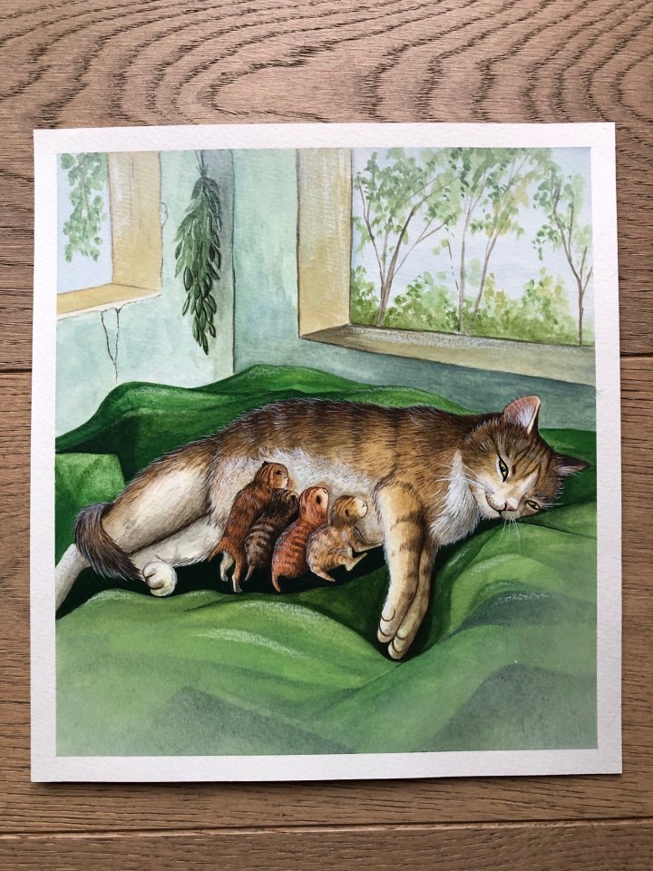 Original Bild Katze mit Jungen im Zimmer, handgemalt - Tierbuecher - Stuttgart