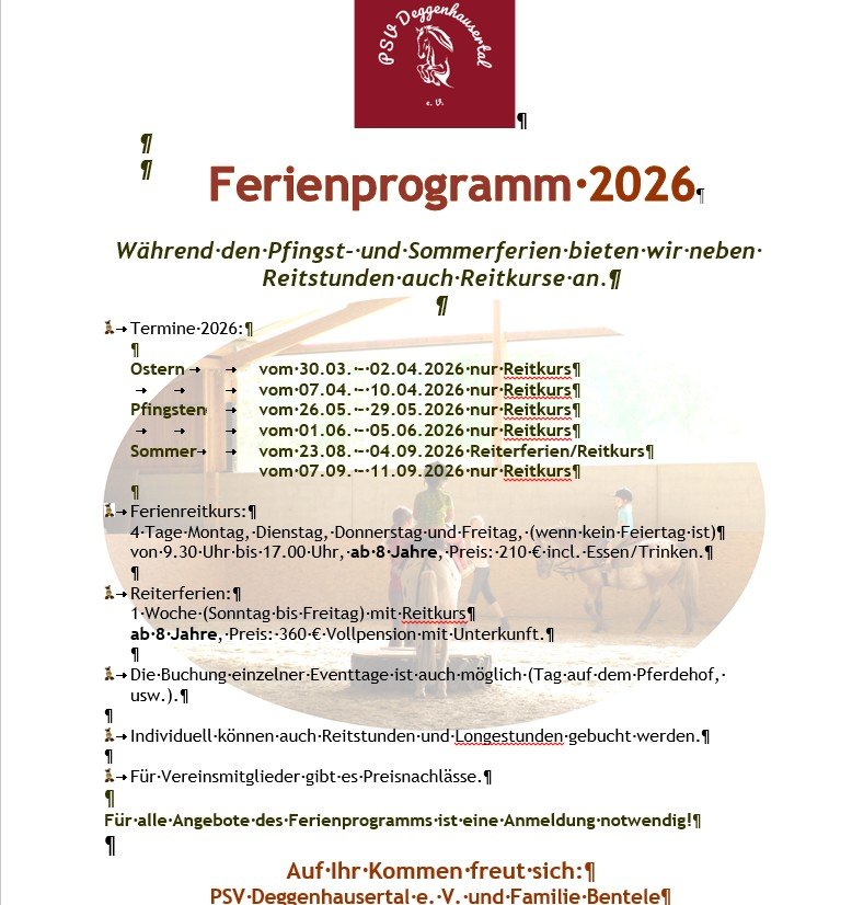 Reitferien/Reitkurse Ferienprogramm 2026 - Reitunterricht - Deggenhausertal